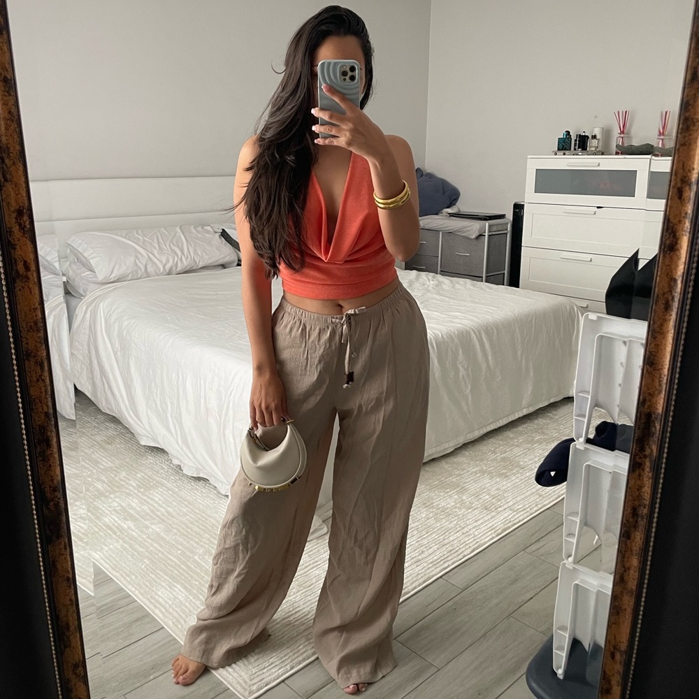 Zara Beige Linen Blend Drawstring Pants Tan Flowy Size Medium